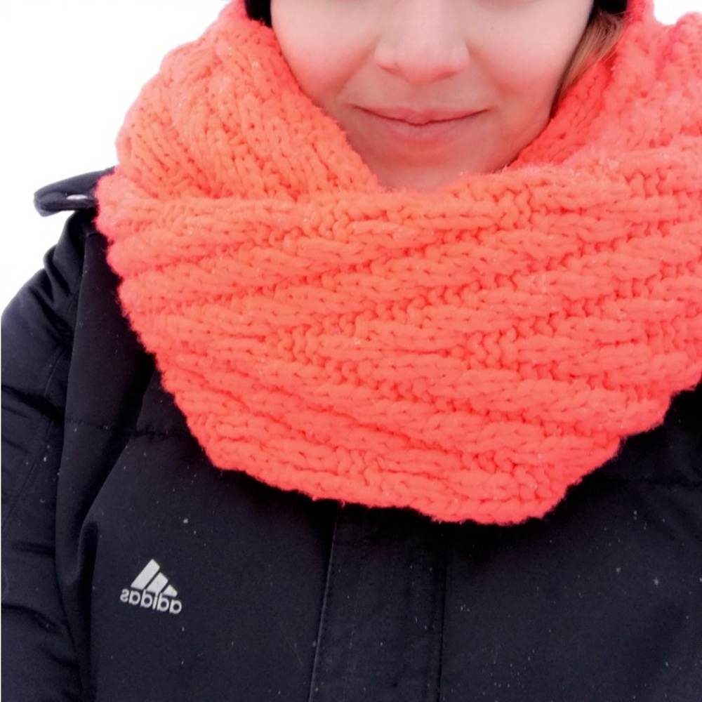Neon Coral Chunky Cable Knit Infinity Scarf